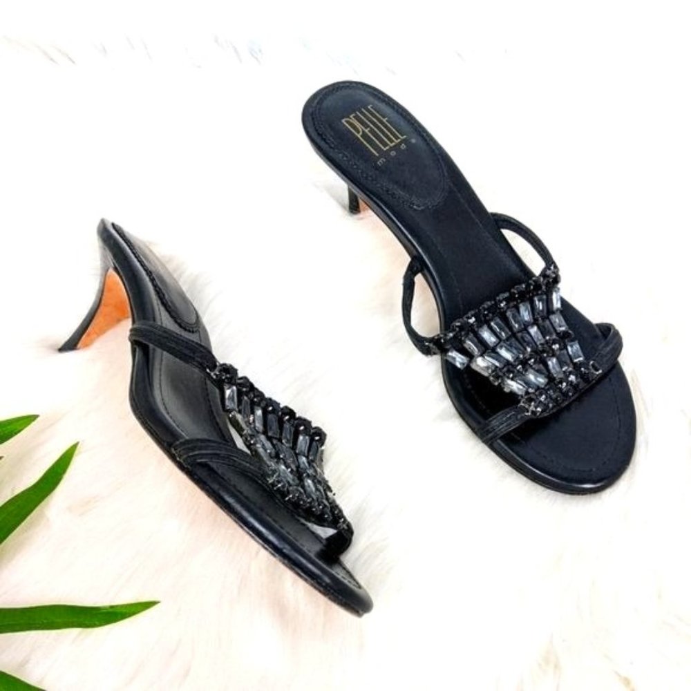 Pelle Moda Black Leather Beaded Kitten Heel Slides 7 y2k Club Special Occasion
